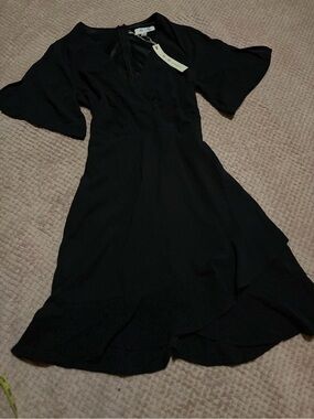 She + Sky Black High-Low Flutter Sleeve Dress